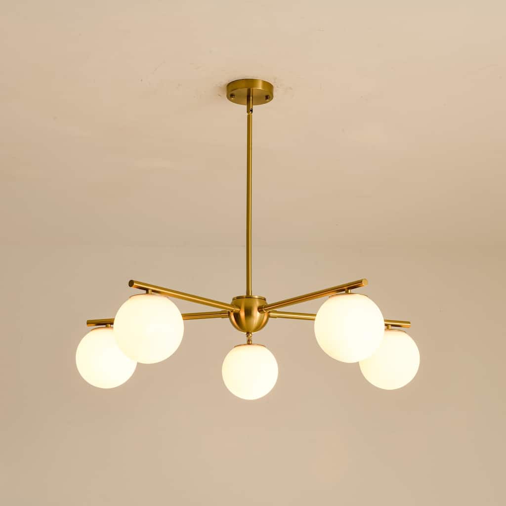 5-Light Brass Globe Chandelier, Modern Mid-Century Pendant for Living Room & Dining Room - 5 Light