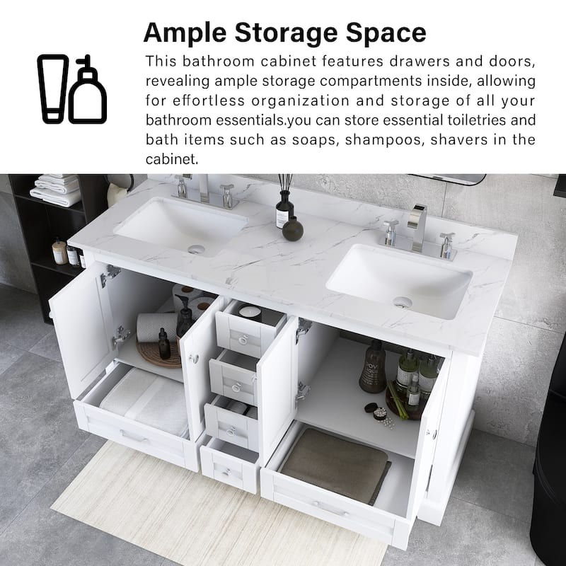 60 inch Plywood Double Sink Freestanding Bath Vanity with White Marble Top - 60" x 22"