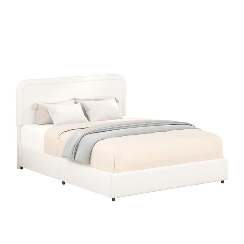 Queen Size Ivory Boucle Upholstered Platform Bed with 2 Built-in Dust-Proof Drawers and Tufted Headboard