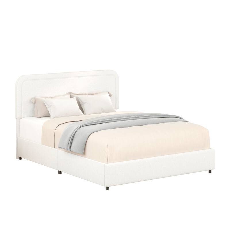 Queen Size Ivory Boucle Upholstered Platform Bed with 4 Storage Drawers, Adjustable Headboard, Wooden Slat Support