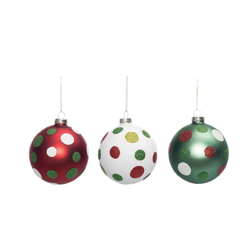 Transpac Glass Whimsy Polka Dot Ornament Set of 3 Christmas Home Decorations - Multicolor