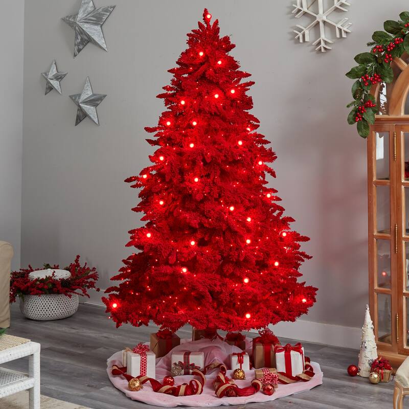 8ft. Red Flocked Fir Artificial Christmas Tree with 700 Red Lights, 45 Globe Bulbs & 1468 Branches - Bold X-Mas Statement Tree