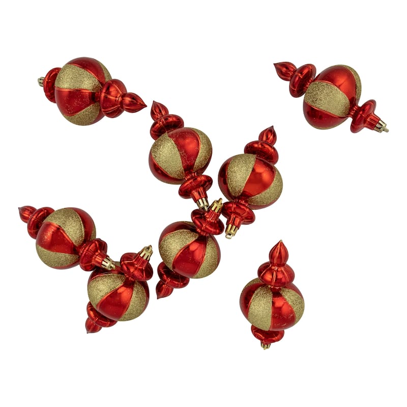 8ct Red and Gold Shatterproof Finial Christmas Ornaments, 6"