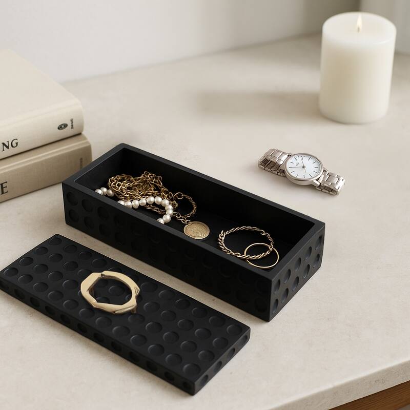 Sculptural Decorative Box with Lid and Gold Accent Handle - 7"