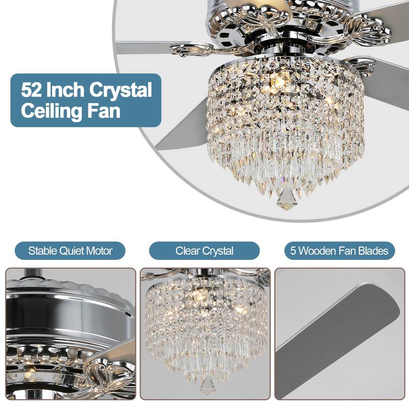 52" Chrome Chandelier Ceiling Fan, Pull Chain Ceiling Fan with Remote Control 3 Speed Ceiling Fan for Bedroom and Living Room