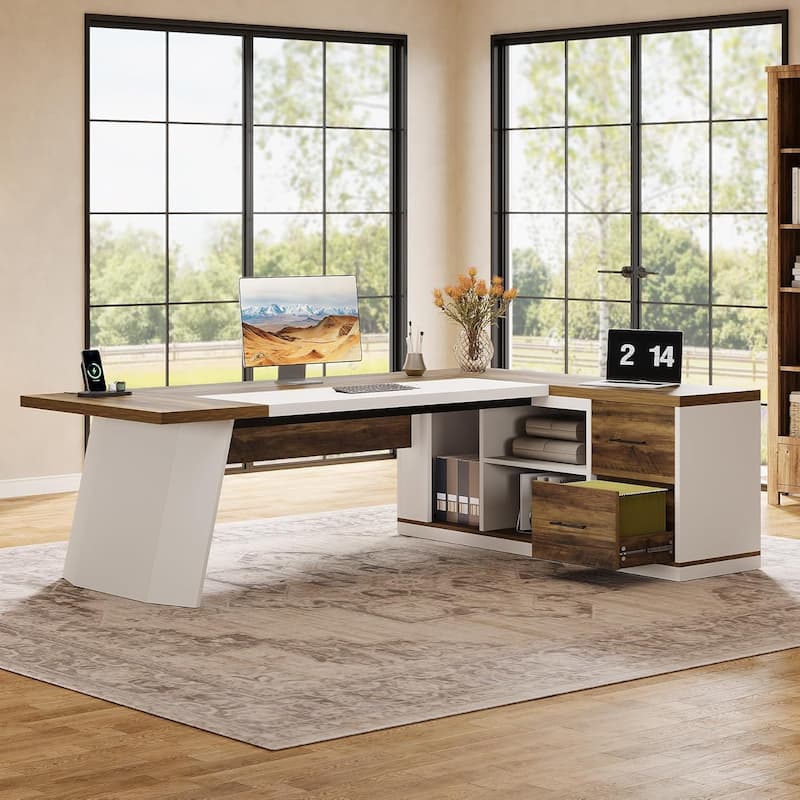Modern 78.7" L-Shaped Executive Desk with 55.1" Storage Cabinet, Office Desk Large Computer Table