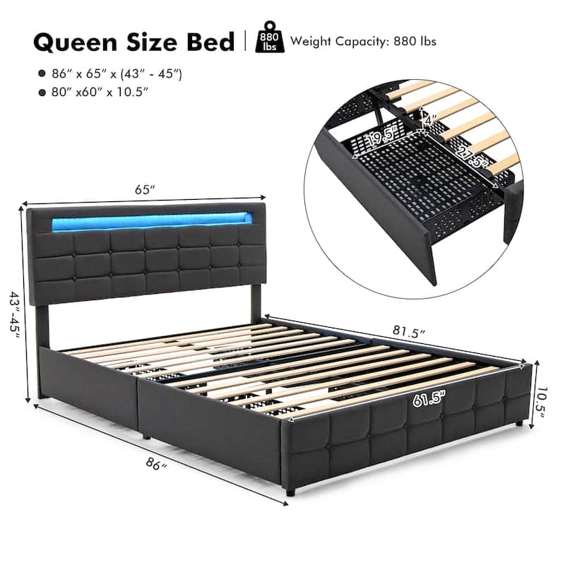 Costway Upholstered Queen LED Lights Bed Headboard Drawers Solid