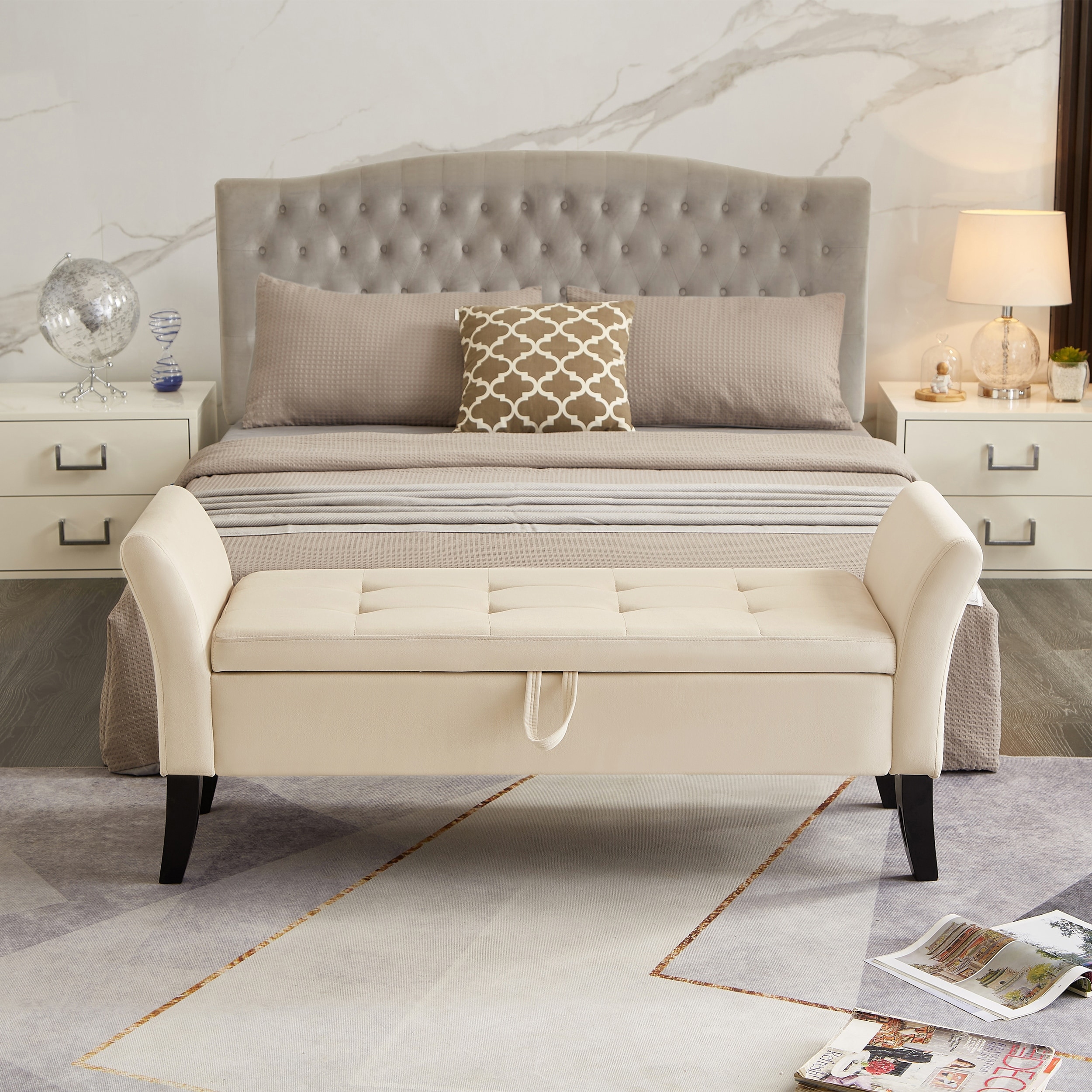 Bed Bench With Storage And Velvet Upholstery For Bedroom Organization And Seating