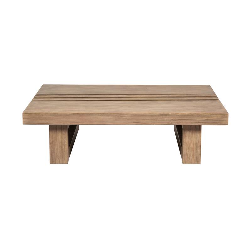 Hida 33 Inch Outdoor Patio Coffee Table, Grooved Top, Brown Eucalyptus Wood