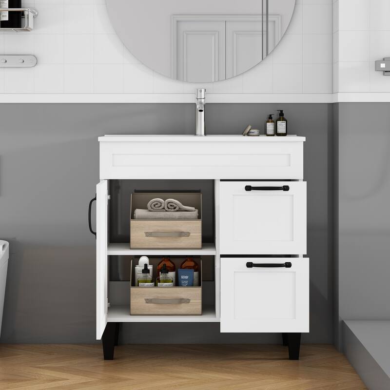 36" Bathroom Vanity with Ceramic Sink - Soft-Close Drawers, Solid Wood Frame, Multi-Organizer Storage