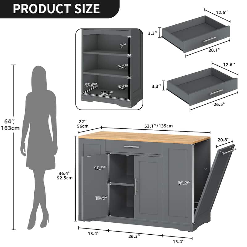 53-inch Rolling Kitchen Island Portable Mobile Kitchen Cart