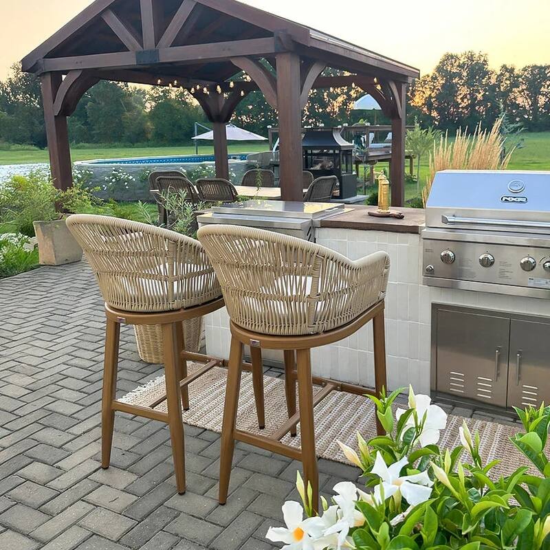PURPLE LEAF Rattan Barstools Modern Wicker Dining Chairs Set of 2 Counter Stools with Cushion and Back Outdoor Bar Stools