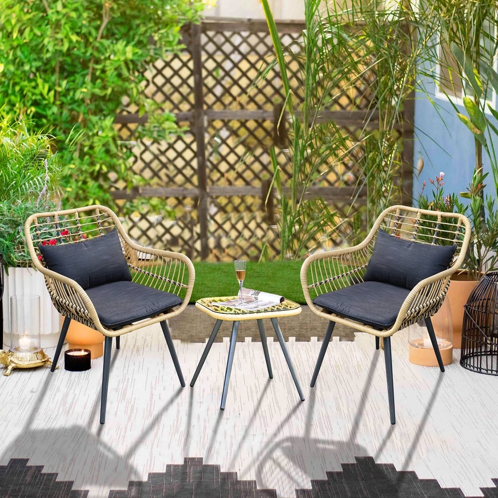 3-Piece Cushioned Bistro Set Patio Wicker Chair and Side Table