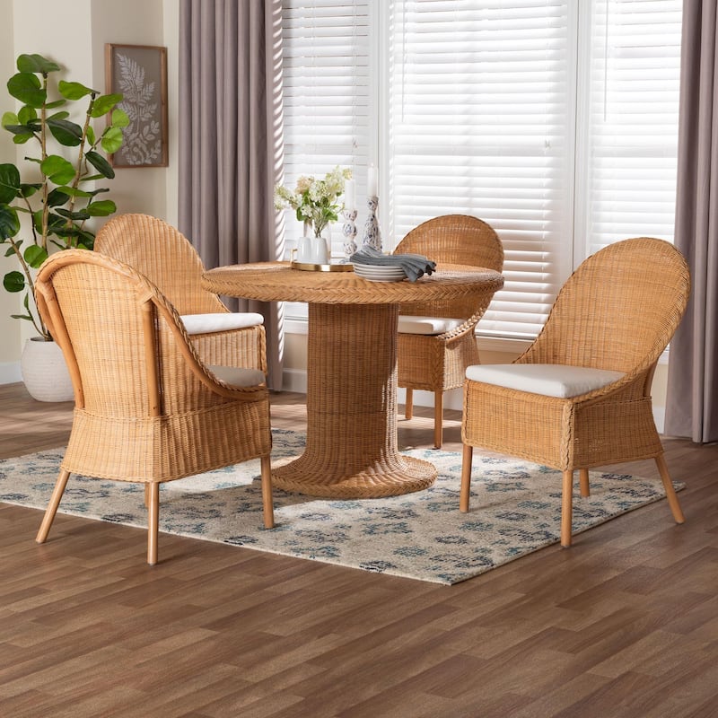 Willy 5-Piece Rattan Dining Set - Round Wicker Table with Pedestal Base and 4 Side Chairs, Handwoven Boho Coastal Style