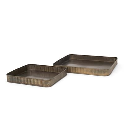 Varun Square Antiqued Brass Metal Tray (Set of 2) - 15.4L x 15.4W x 1.8H