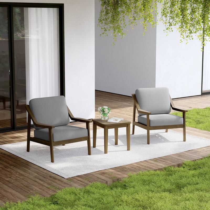 Outdoor Wood Cushioned Patio Set of 2 Accent Chair with Side Table