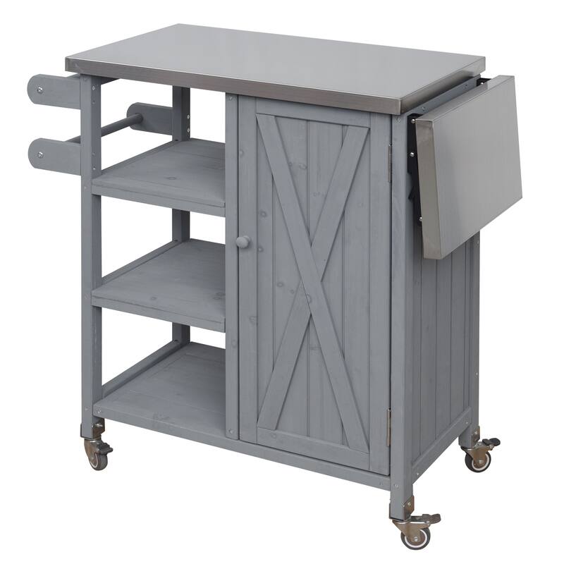 Foldable Outdoor Kitchen Island Cart with Lockable Wheels and Storage Cabinet