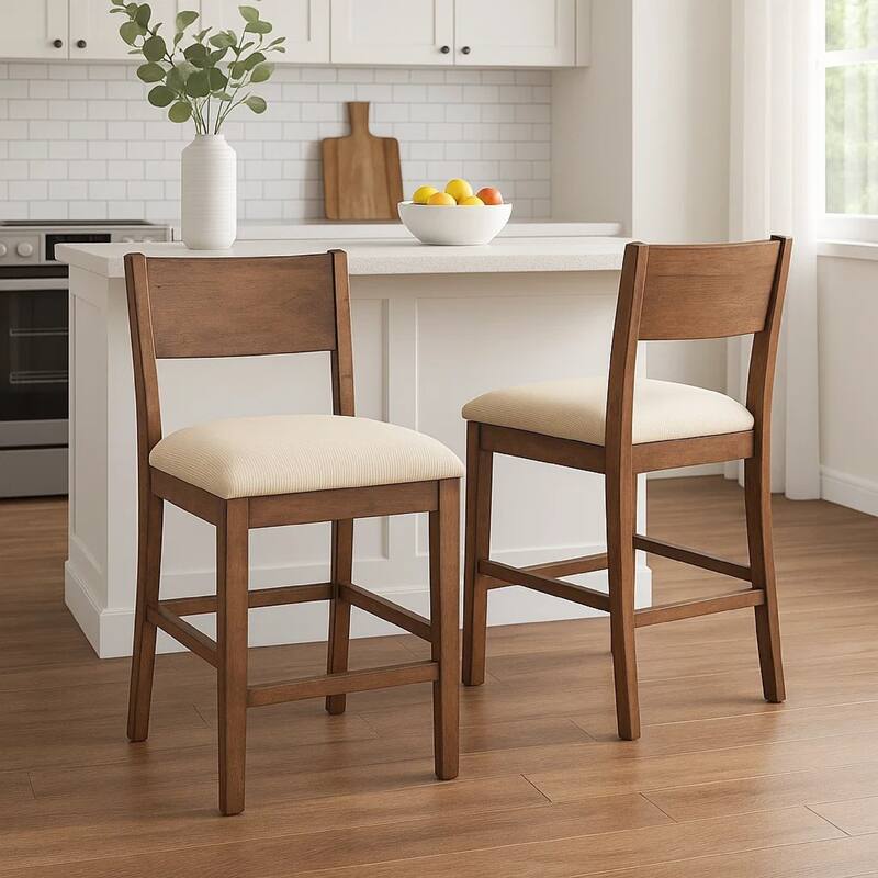 Giby Counter Height Chair Set of 2, Beige Padded Seat, Solid Wood Brown