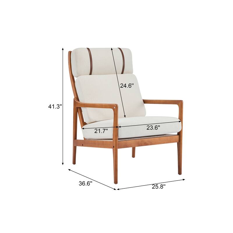 Mid Century Modern Accent Armchair, Solid Wood Frame with High Back, Beige Upholstered Cushions, Ergonomic Lounge Chair
