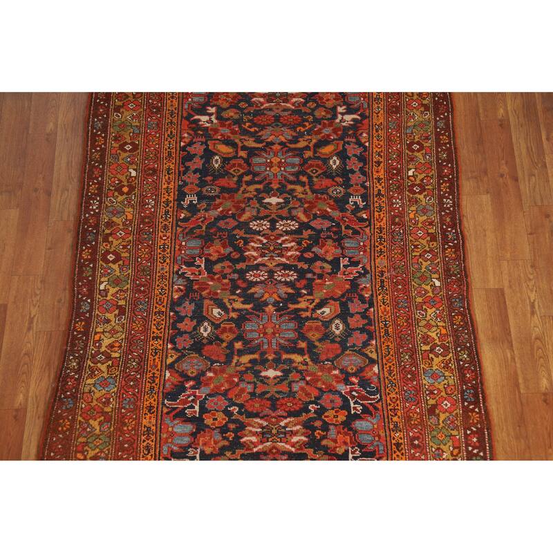 Hand Knotted Oriental 100% Wool Carpet Traditional Floral Navy Blue & Blues Malayer Runner Rug - 15' 8'' X 3' 7''