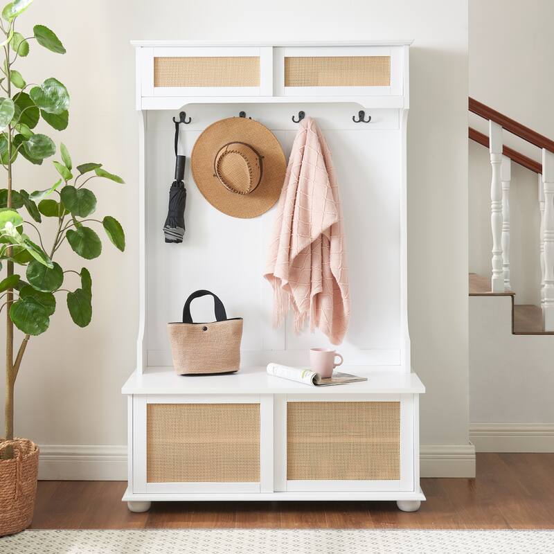 Clothes Hanger Hall Tree Storage Bench Shoe Rack with Rattan Door for Entryway