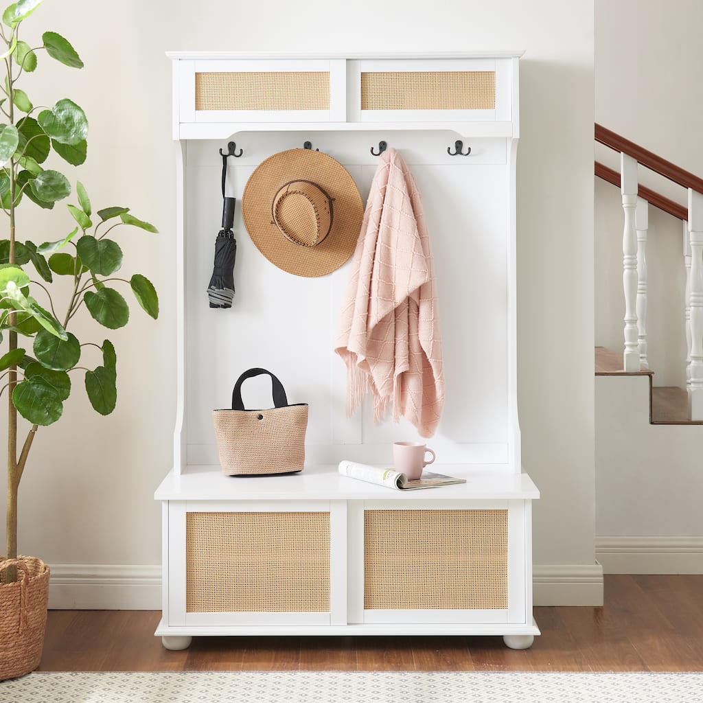 Modern Rattan Door Coat Rack Entryway Storage Bench with Shoe Storage Compartments and Open Shelves