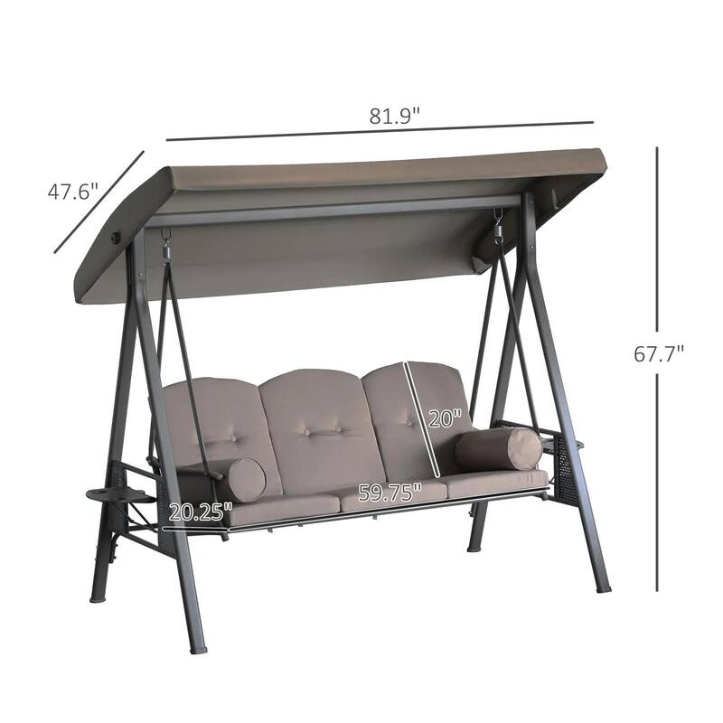 3-Seat Patio Swing Chair, Adjustable Canopy, Side Trays, Comfort Set