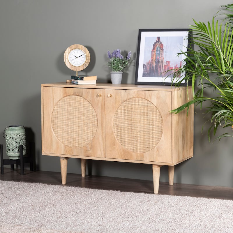 Circle Solid Wood with Natural Woven Cane Two-Door Cabinet