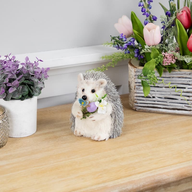 Hedgehog Floral Easter Figurine - 5" - Cream and Gray