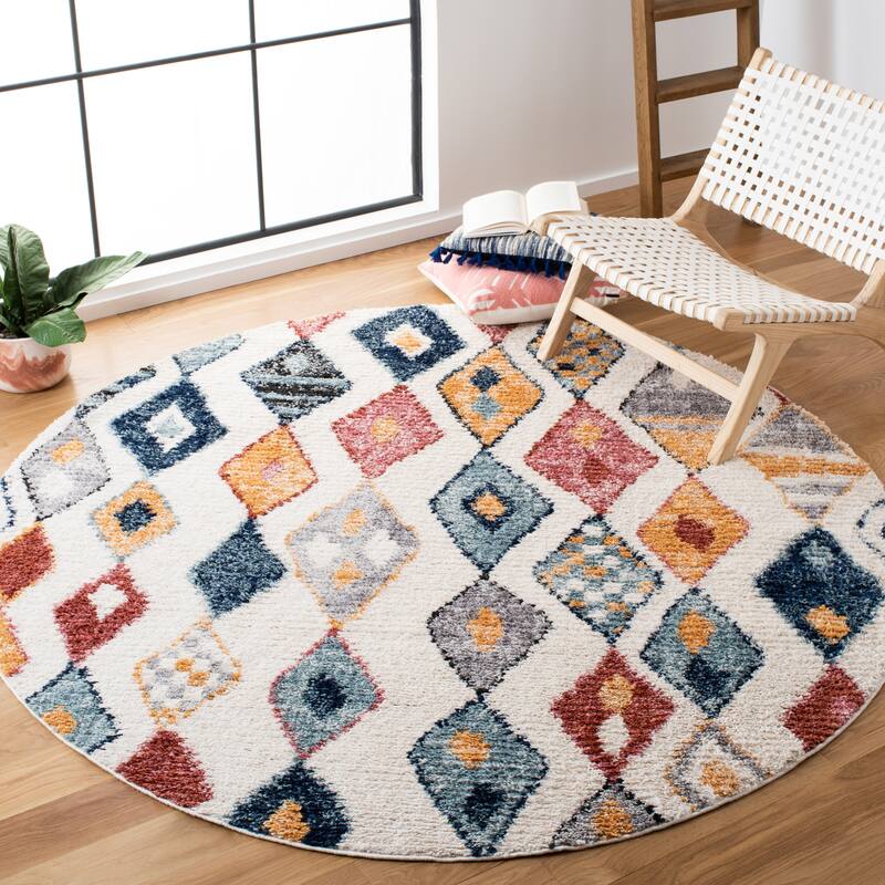 SAFAVIEH Morocco Bohemian & Eclectic Vlasta Tribal Cream/Multi Polyester Rug - 6'7" Round - Ivory/Multi