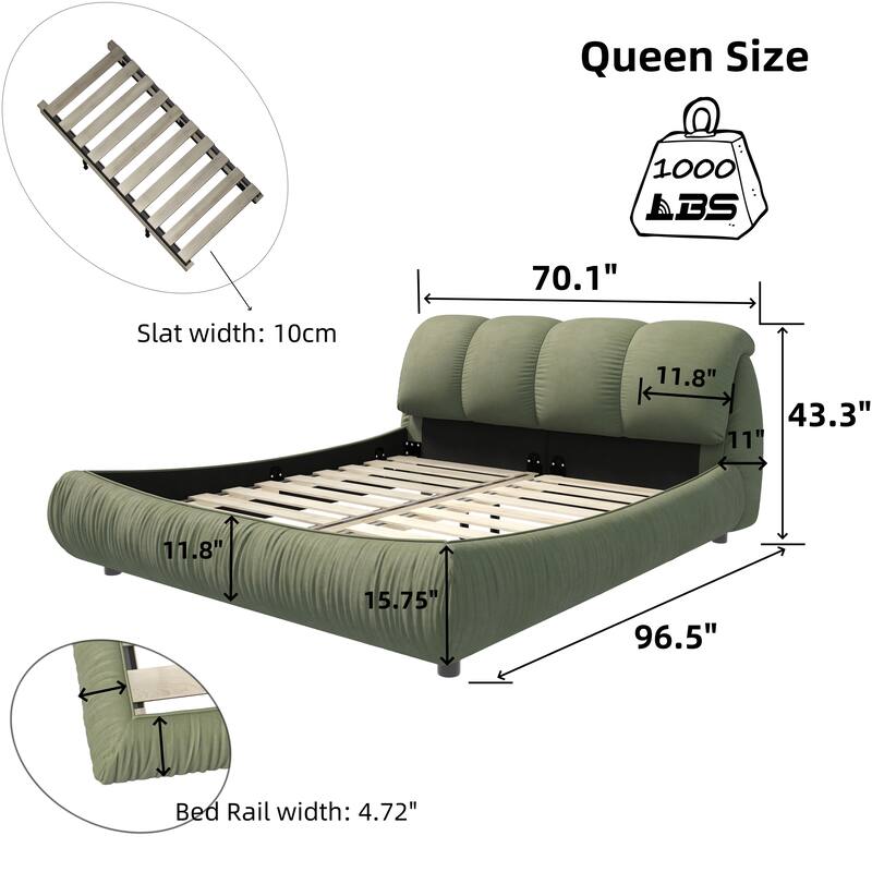 Green Queen Size Luxury Upholstered Platform Bed with Oversized Padded Backrest and Solid Frame