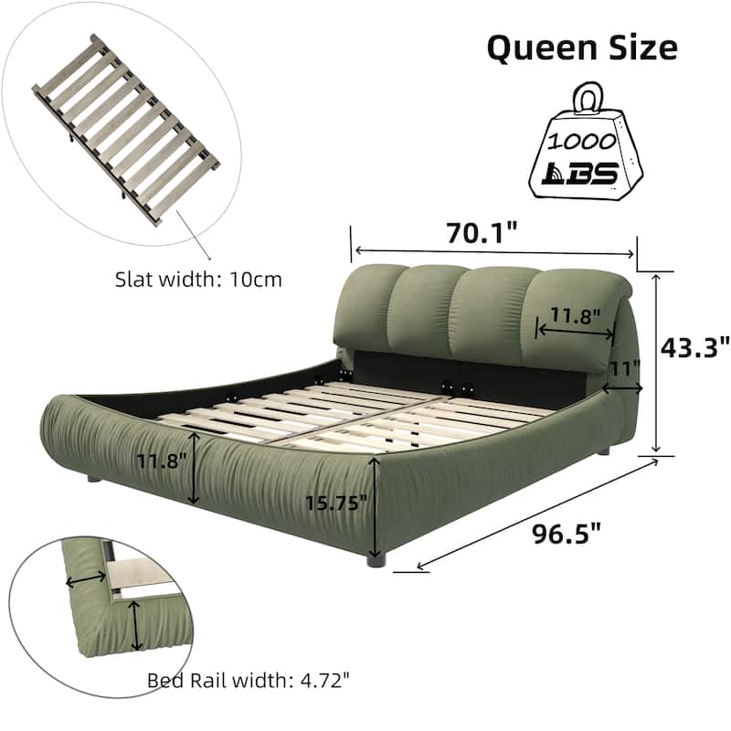 King Size Upholstered Bed Frame with Extra-Wide Cushioned Headboard, Solid Pine Slats & Adjustable Mattress Height