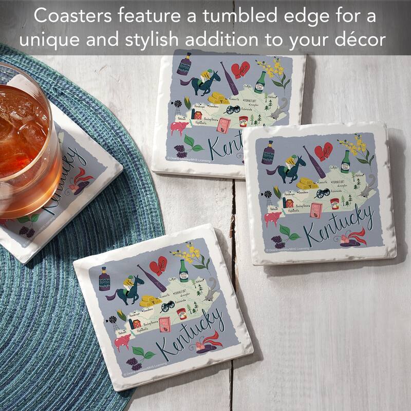 Kentucky Home 4-Pack Absorbent Stone Coasters with Protective Cork Backing 4" Square Made in The USA Artistic Easily Wipes Clean