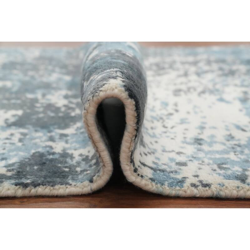 Hand Knotted Oriental Viscose Silk Carpet Modern All-Over Navy Blue & Blues Abstract Area Rug - 3' 9'' X 2' 1''