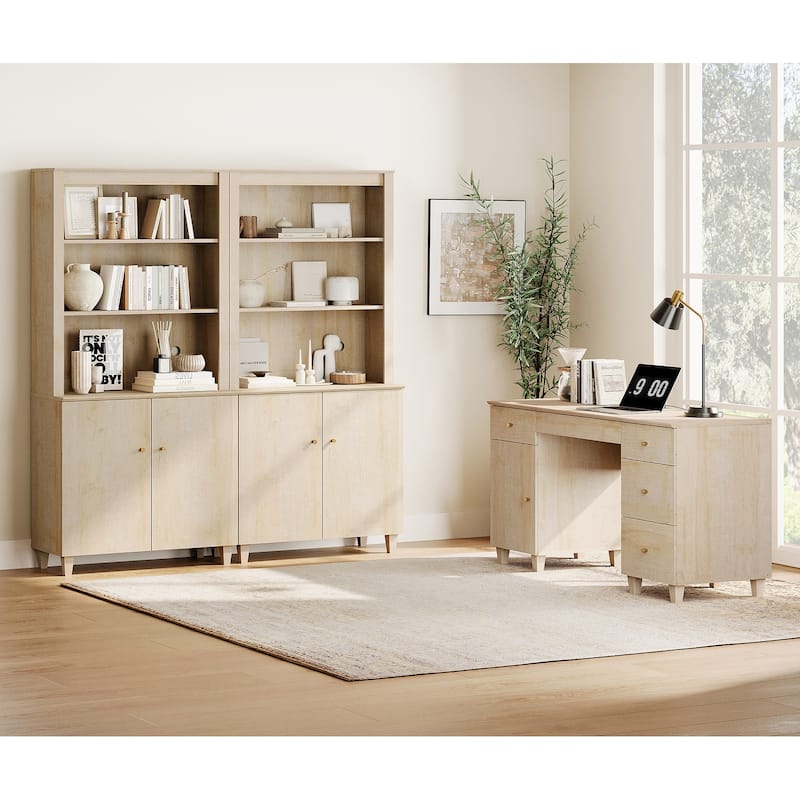 WAMPAT Home Office Furniture Set, 58" Executive Desk with Cabinet, 2-Column 71" Tall Bookcase with Doors and Adjustable Shelves - Natural Oak