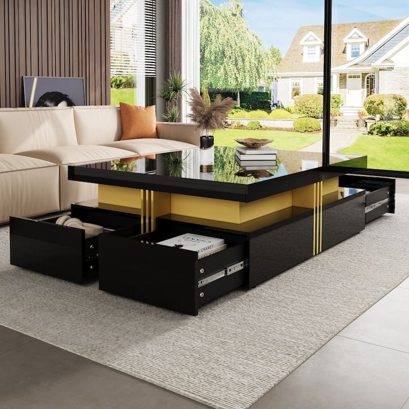 43.3" Modern Glossy Square Storage Coffee Table with 4 Drawers - Black