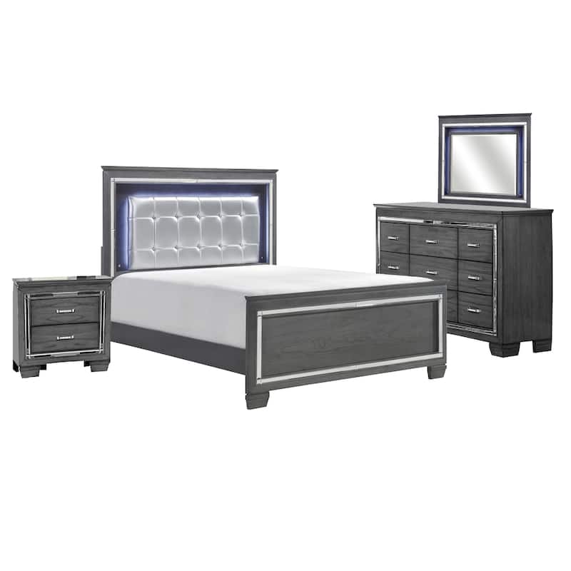 Alen 4 Pc Queen Size Bedroom Set, Button Tufting, Mirror Trim, Gray