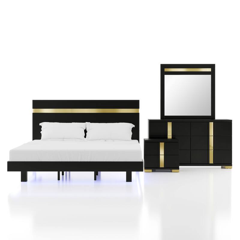 Furniture of America Halifax Modern 4-Piece Wood Black Platform Bedroom Set with Underbed LED