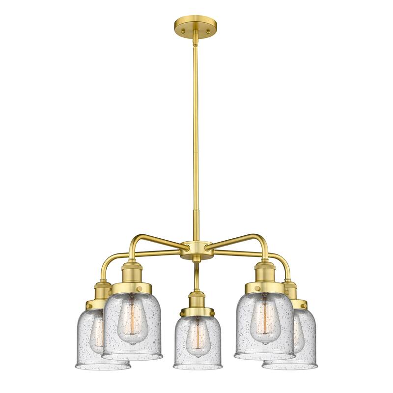 Innovations Lighting Bell - 5 Light 23" Stem Hung Chandelier - Satin Gold/Seedy