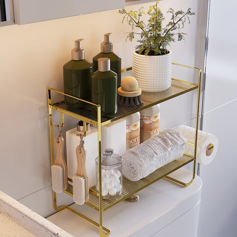 Over The Toilet Storage Shelf, 2-Tier Large Capacity Bathroom Storage Organizer With Paper Holder And 2 Hooks