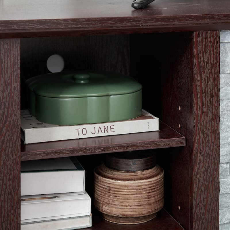 Mantel Stone 58" TV Stand with Faux Stacked Stone Surround, Modern Media Console with Open Storage & Cable Management