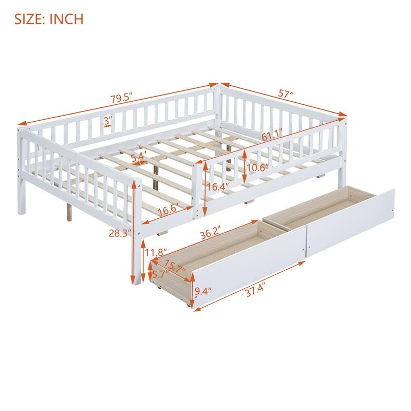 Full Size Modern Style Pine Wood Daybed with Two Storage Drawers