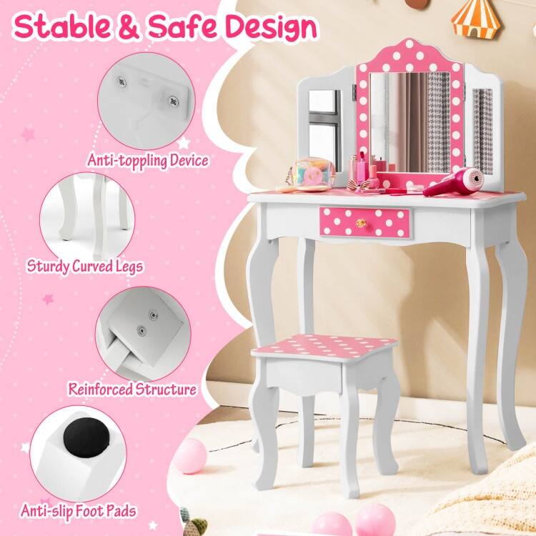 Kids Vanity Table and Stool Set with Cute Polka Dot Print-Pink - N/A