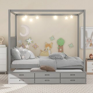 Queen Size Pine Wooden Platform Bed with Twin Size Trundle, Canopy Bed with Three Storage Drawers for Bedroom, Gray