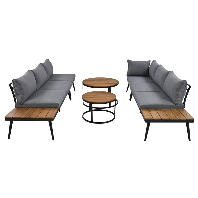 Grey Acacia Wood Outdoor Sectional Sofa Set with Round Nesting Coffee Tables