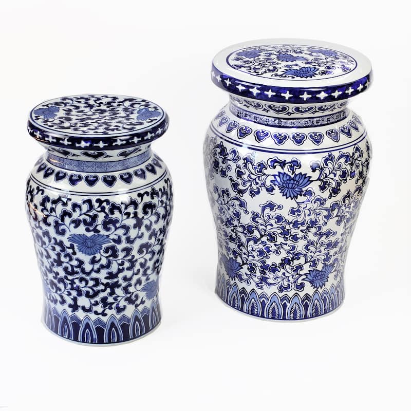 Euro Ceramica Blue Garden Porcelain Decorative Lotus Podium Stool