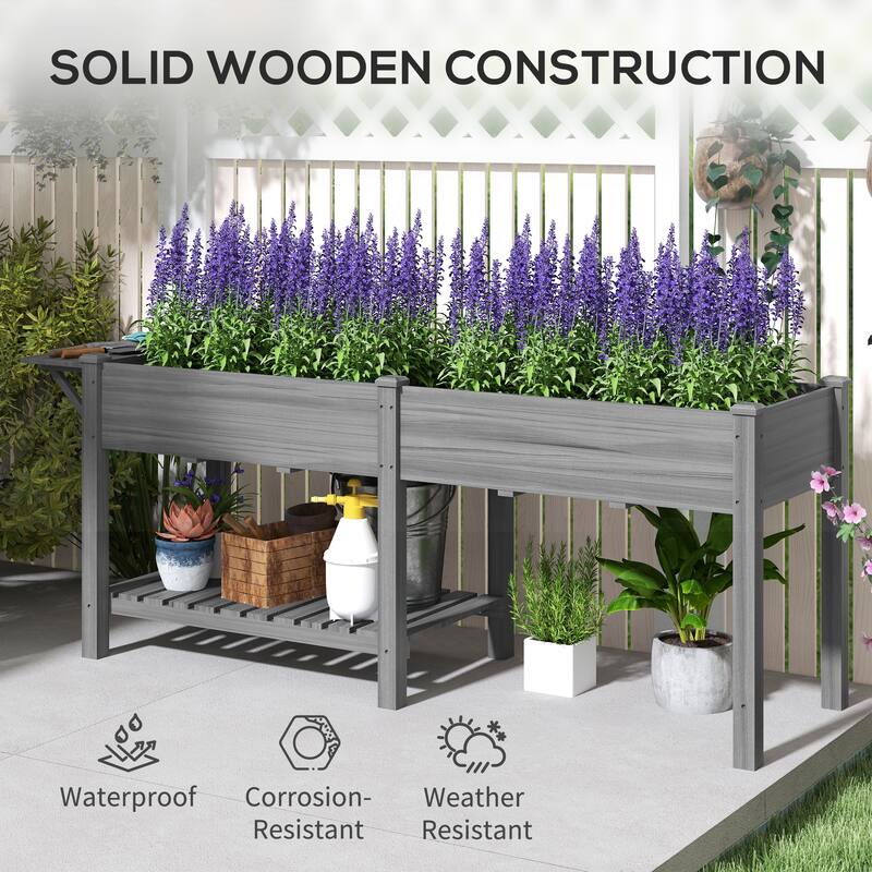 Fir Wood Raised Garden Bed with Bottom Shelf and Moisture-Retaining Liners Foldable Side Table - 81.5" W x 23.2" D x 30.7" H