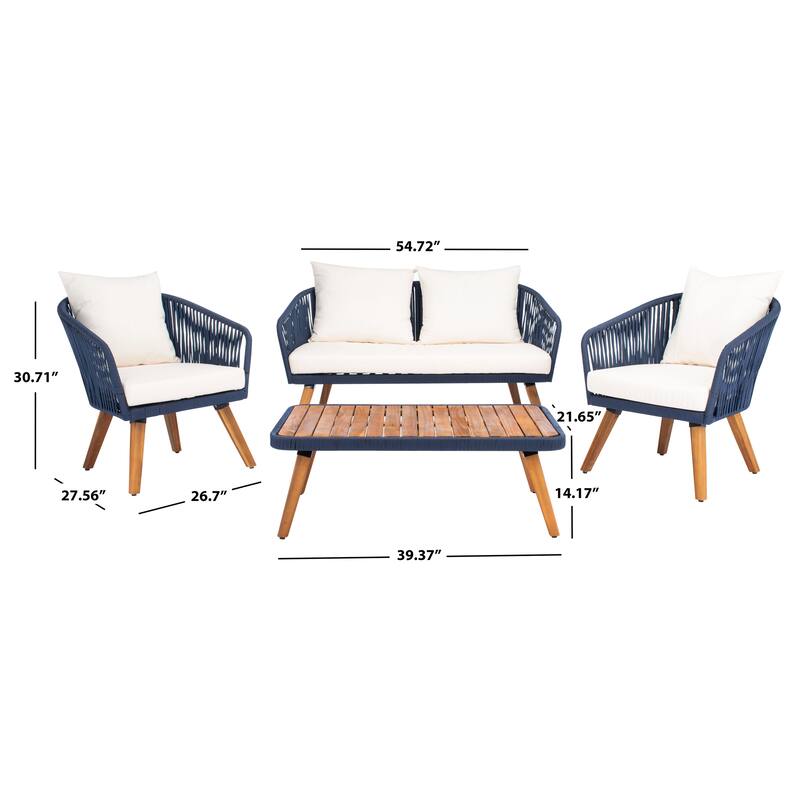 SAFAVIEH Outdoor Amelie 4 Piece Coastal Patio Chat Set - 55W x 31D x 28H