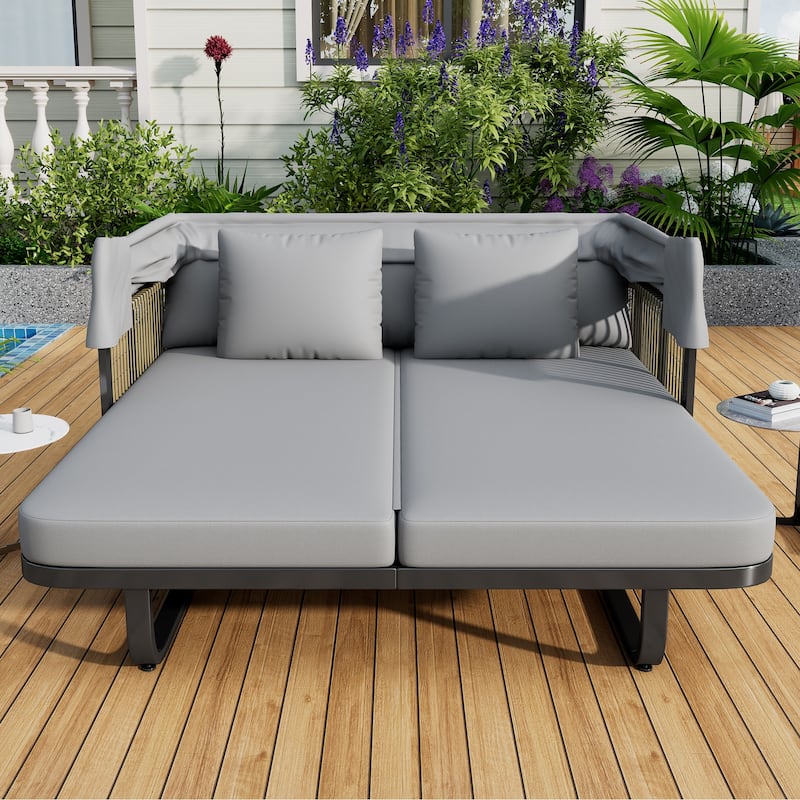 57" Outdoor Patio Daybed Rattan Daybed with Detachable Pillows