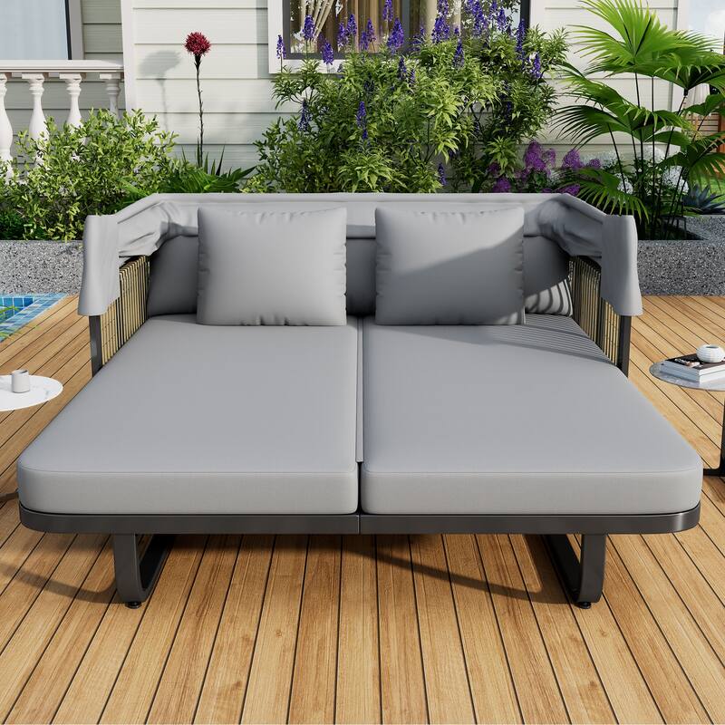 Outdoor 57" Rattan Daybed Sunbed with Retractable Canopy & Pillows
